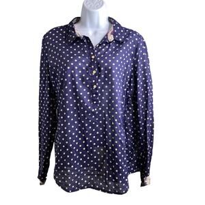 Trovata Birds‎ Of Paradis Navy Polka Dot Button-Up Shirt Size L Preppy Coastal